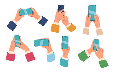 Set of Hands with Phones. Palms Holding Cellphones with Empty Screens. Social Media Interaction, Network Communicationのイラスト素材