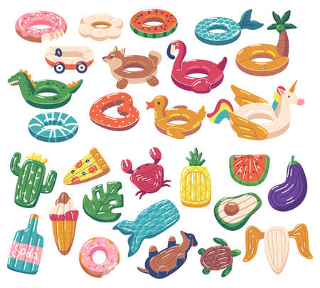 Set of Swimming Rings and Mattresses. Funny Flamingo, Unicorn and Duck Inflatable Rubber Floating...
