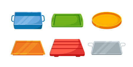 Set of Colorful Food Plastic, Metal and Wooden Trays, Blank Fast Food Plates with Handles. Empty Containersのイラスト素材