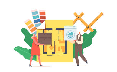 Tiny Male and Female Characters Holding Dresser and Washing Machine at Huge Apartment Layout with...