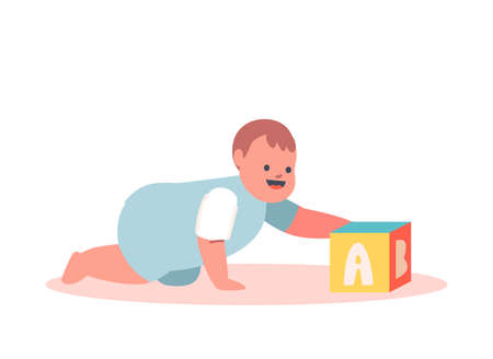 Little Baby Crawl and Playing with Cube on Floor Isolated on White Background. Cute Smiling Child Character, Toddlerのイラスト素材