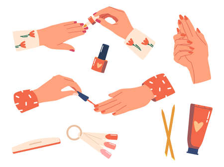 Set Women Hands Manicure Procedure, Female Character Cover Nails with Polish, Color Palette, Nail File, Wooden Sticksのイラスト素材