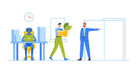 Modern Artificial Intelligence Robot Machine Replace Human. Job Loss due to Technological Advancement, Dismissのイラスト素材