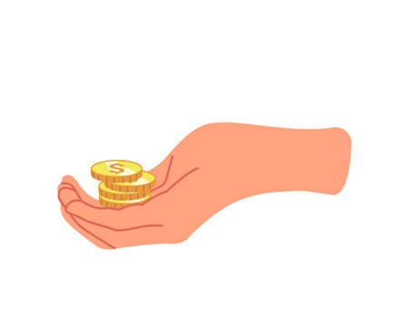 Gold Coins Stack in Hand. Businessman Donation, Begging, Receiving, Giving, Take Money Design Element Isolated on Whiteのイラスト素材
