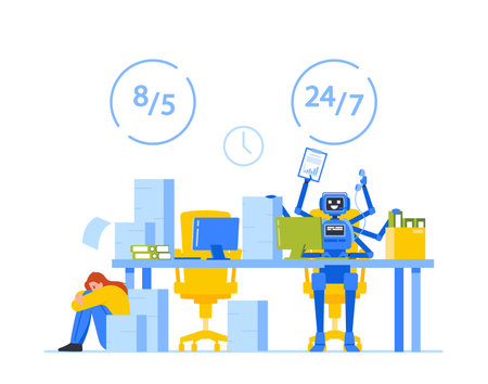 Exhausted Office Worker against Artificial Intelligence Robot Working. Anxious Character Sitting on Floor with Documentsのイラスト素材