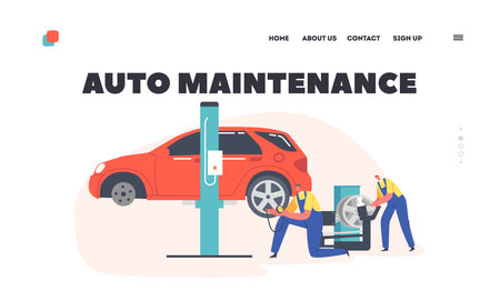 Auto Maintenance Landing Page Template. Workers Change and Measure Pressure in Car Tires at Mechanic Garageのイラスト素材