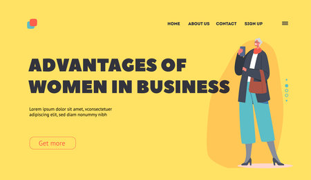 Advantages of Women in Business Landing Page Template. Senior Caucasian Business Person Wear trendy Apparelのイラスト素材