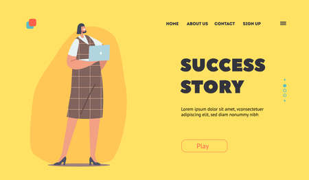 Success Story Landing Page Template. Stylish Asian Business Woman Wearing Fashioned Formal Outfits Stand with Laptopのイラスト素材