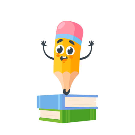 Cartoon Yellow Cartoon Pencil Telling Something Stand on Textbooks Pile. Clever Personage Isolated on White Backgroundのイラスト素材