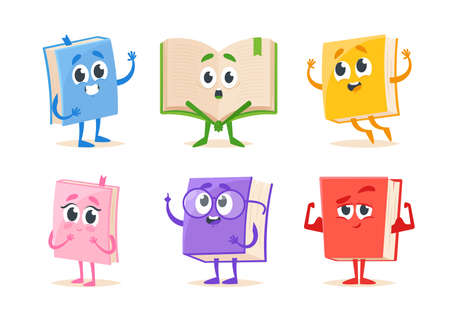 Set of Cute Cartoon Books Characters With Different Emotions and Actions. Isolated Personages in Colorful Coversのイラスト素材