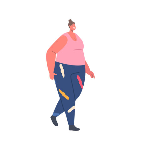 Fatty Female Character in Sportswear Slimming, Weight Loss, Healthy Lifestyle. Woman Walking or Jogging. Sports Activityのイラスト素材