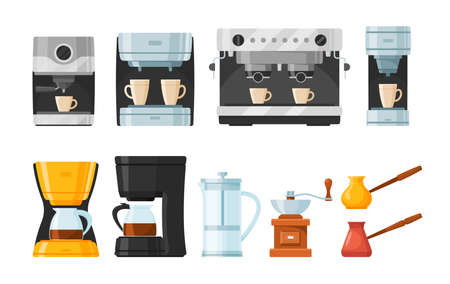 Set of Coffee Makers and Machines, Pot and Espresso Machine With Cup and Mug, French Press, Drip, Pour Over and Cezveのイラスト素材