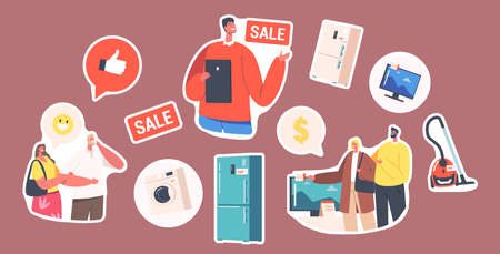 Set of Stickers Family Buying Household Goods. Characters Purchase Appliances in Electronics Store with Consultantのイラスト素材