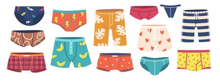 Set of Mens Underpants, Underwear Clothing Design. Swimming Trunks, Briefs and Panties. Male Everyday Clothesのイラスト素材