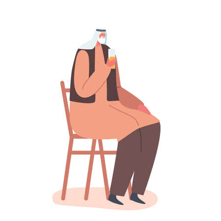 Senior Saudi Male Character Wearing Thawb or Kandura Dress Drinking Beverage Sit on Chair Isolated on White Backgroundのイラスト素材
