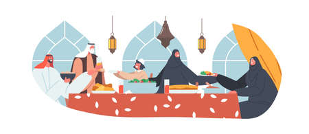 Ramadan Holiday Celebration Isolated Icon. Traditional Arab Family Old and Young Characters Eat Ifthar Sitting at Tableのイラスト素材