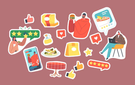 Set of Stickers Food Critics, Tasters Making Opinion on Food. Professional Writers or Bloggers Making Review and Rankingのイラスト素材