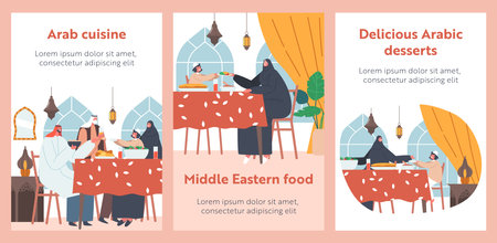 Arab Cuisine, Traditional Middle Eastern Food, Arabic Desserts Banners. Arabian Family Characters Eating Ifthar Sitting Together at Table with Various Meals During Ramadan. Cartoon Vector Posters Setのイラスト素材
