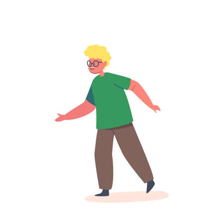 Happy Boy Wear Glasses, Green T-shirt and Brown Trousers Isolated on White Background. Child Character Smiling Happy Kidのイラスト素材