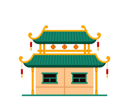 Pagoda Building Icon, Chinese or Japanese Asian Tower of Green and Gold Colors and Double Roof. Temple of China or Japanのイラスト素材