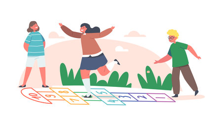 Happy Kids Summer Vacation Activity, Children Play Hopscotch Game at House Yard. Boys and Girls Friends on Playgroundのイラスト素材