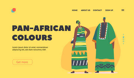 Pan-african Colours Landing Page Template. African Man and Woman Wear Tribal Clothes, Headwear and Accessoriesのイラスト素材