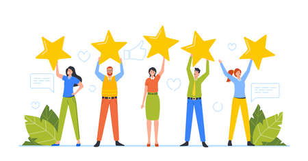 Tiny Male and Female Clients Characters Holding Huge Stars, Rating, Consumer Feedback or Customer Review Evaluationのイラスト素材