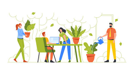 Group of Young Business People Working Together in Modern Office with Many Green Plants. Creative People with Laptopsのイラスト素材