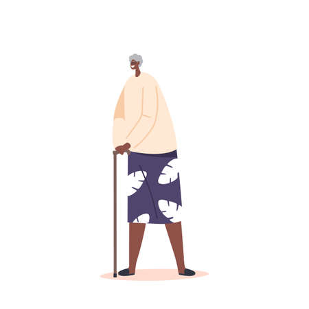 Single Senior African Female Character with Walking Cane Isolated on White Background. Mature Positive Black Womanのイラスト素材