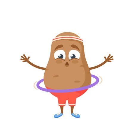 Cartoon Potato Vegetable Spinning Hoop, Funny Sportsman Veggies Character Workout, Sport Exercises. Healthy Food, Sportsのイラスト素材