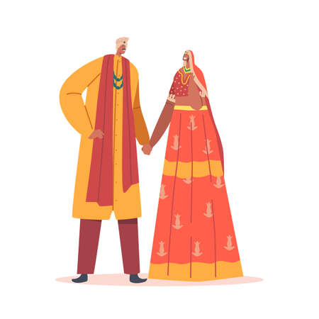 Newlywed Indian Man and Woman Wear Beautiful Gold and Red Festive Dresses Celebrate Wedding Ceremonyのイラスト素材