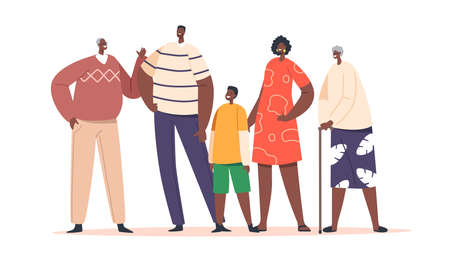 Big Happy Modern African Family Characters Parents, Grandparents and Children Stand Together. Father, Mother and Kidsのイラスト素材