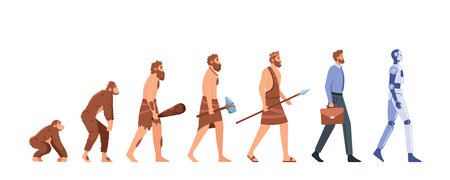 Human Evolution from Monkey to Cyborg Timeline Isolated on White Background. Male Character Evolve Steps, Darwin Theoryのイラスト素材
