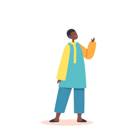 Cute African Boy Wear Traditional Clothes, Kid Kindergarten or Preteen Age, Little Smiling Infant Isolated on Whiteのイラスト素材