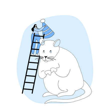 2032 New Year Holidays Event Celebration. Happy Woman Stand on Ladder Decorate Huge White Mouse Put Festive Hat on Ratのイラスト素材