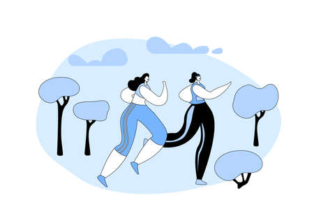 Happy Women in Sports Wear Running Activity, Jogging, Sprint or City Marathon on Nature Landscape Backgroundのイラスト素材