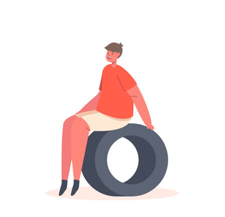 Child Character Sitting on of Recycled Car Tire Isolated on White Background. Boy Playing in Garden or Playgroundのイラスト素材