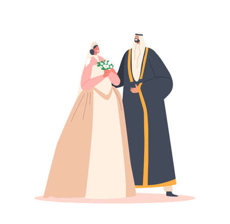 Traditional Arab Couple Wedding Ceremony, Muslim Groom in Suit and Bride in White Dress Holding Bouquetのイラスト素材