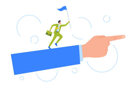 Businessman with Flag and Briefcase in Hands Run by Huge Hand with Index Finger Showing Direction. Successful Characterのイラスト素材