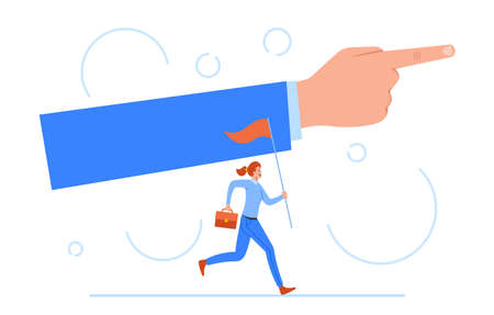 Successful Business Woman with Flag and Briefcase Run with Hand Show Direction with Index Finger. Business Characterのイラスト素材