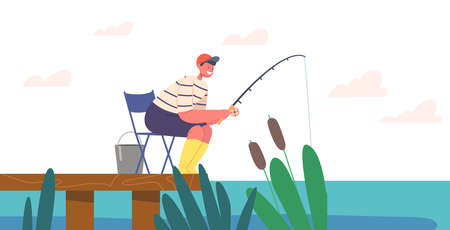 Child Fisherman Fishing with Rod on Wooden Pier at River or Lake, Boy Fun on Pond Catching Fish. Kid Leisure on Natureのイラスト素材