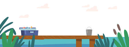 Wooden Pier on River, Lake or Pond Landscape, Wood Wharf With Bucket and Box with Tackles on Picturesque Backgroundのイラスト素材