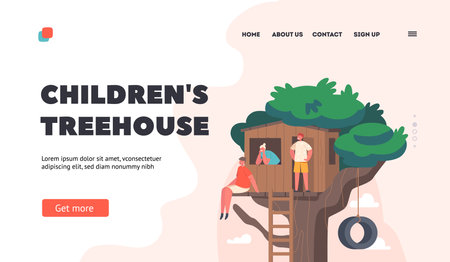 Happy Kids Playing on Treehouse Landing Page Template. Friends or Siblings Spend Time Together. Children Fun and Leisureのイラスト素材