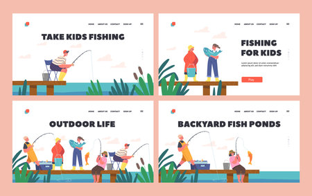 Children Outdoor Life Landing Page Template Set. Little Fishermen Having Fun on Pond, Boys and Girls Fishing with Rodsのイラスト素材