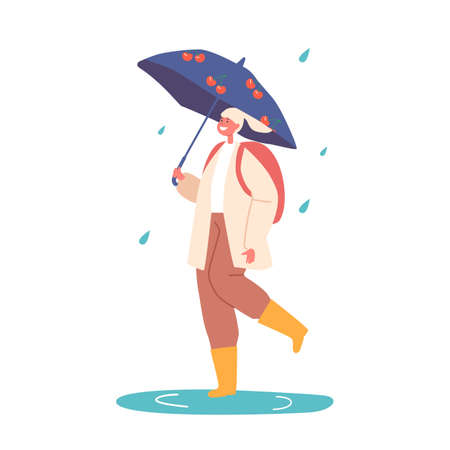 Happy Schoolgirl Walk under Umbrella at Autumn Season. Smiling Female Character in Warm Clothes and Rubber Bootsのイラスト素材