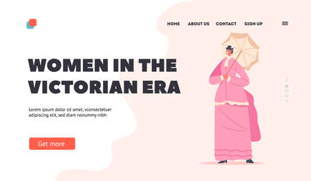 Women in the Victorian Era Landing Page Template. Beautiful 19th Century Lady Wear Elegant Gown, Umbrella and Hatのイラスト素材