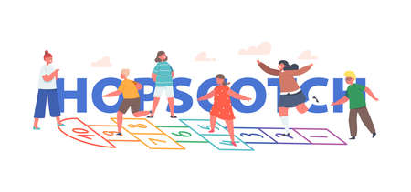Hopscotch Concept. Children Boys and Girls Characters Play Hopscotch Game at House Yard. Happy Kids Summer Vacationのイラスト素材