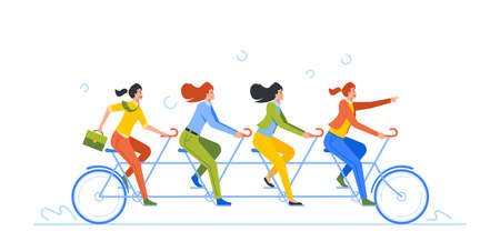 Entrepreneurship, Synchronization, Collective Teamwork Concept. Happy Business Employees Team With Leader Ride Bikeのイラスト素材