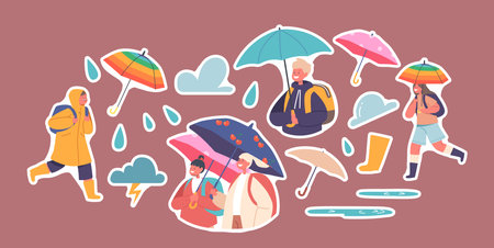 Set of Stickers Kids Walk under Umbrella, Boys and Girls Characters with Backpack Walking at Rainy Weather to Schoolのイラスト素材