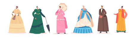 Set of Beautiful 19th Century Ladies in Elegant Gowns, Hats and Accessories. Isolated Victorian English or French Womenのイラスト素材